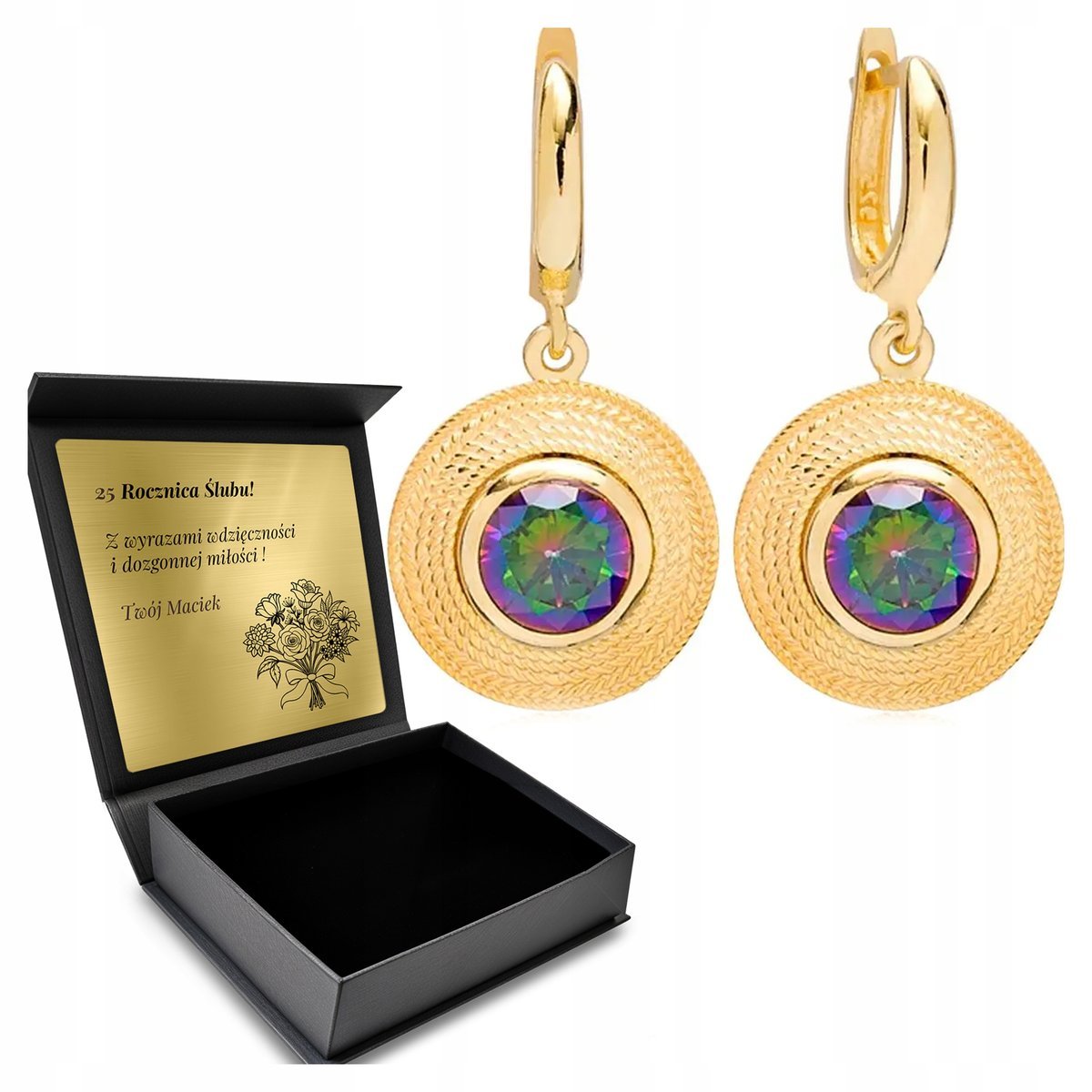 Kolczyki Złote Mistyczny Topaz Biżuteria Srebrna 925 Dla Kobiety + Grawer