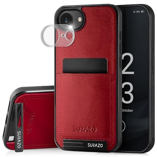 SURAZO Skórzane etui do Apple iPhone 16e z ochroną aparatu – tylna strona etui na telefon komórkowy z prawdziwej skóry [funkcja stojaka] [kółko na klucze], odporne na uderzenia etui ochronne z