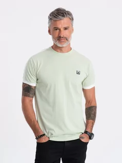 Koszulki męskie - T-shirt męski bawełniany z kontrastującymi wstawkami - jasnomiętowy V9 S1632 - grafika 1