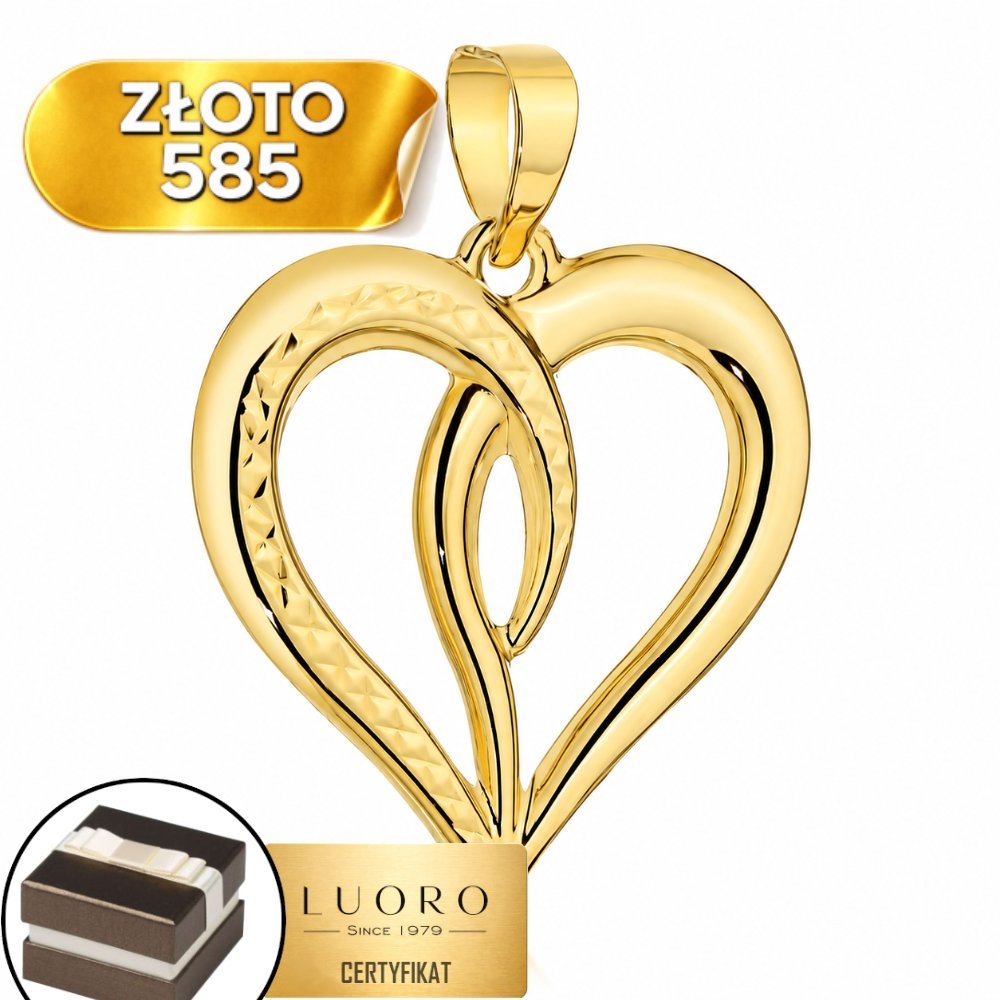 ZAWIESZKA ZŁOTA 585 14K SPLOT SPLICONE SERCE DIAMENTOWANIE 2 CM ELEGANCKA