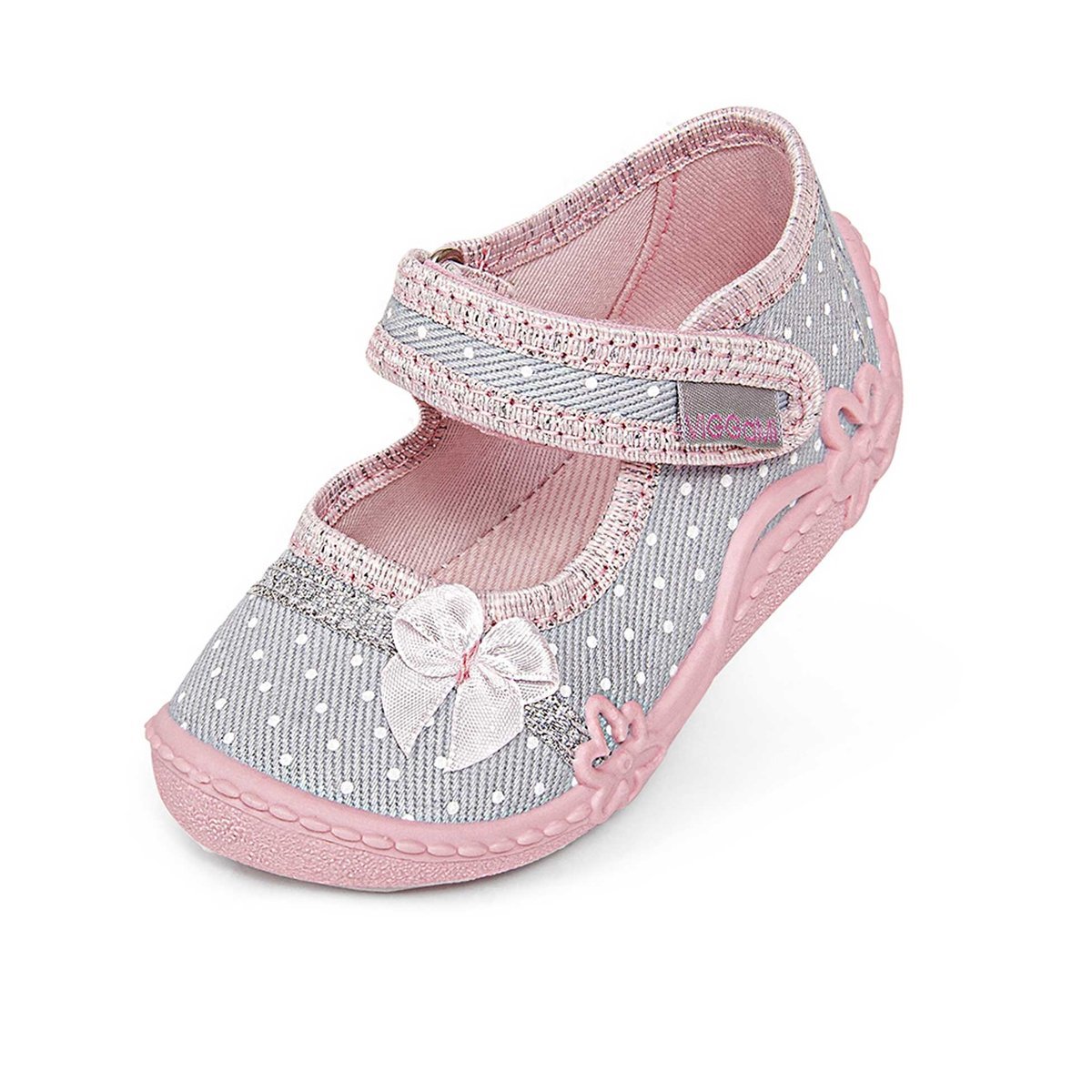 Dziewczęce kapcie w groszki z kokardką 3D szare