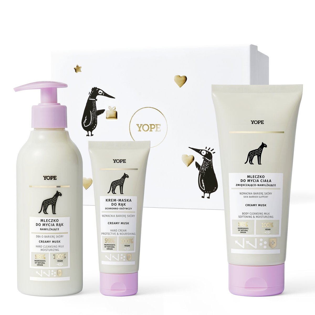 YOPE Zestaw 3 kosmetyków nawilżających do ciała: mydło, żel pod prysznic, krem do rąk, pudełko prezentowe