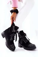 Botki damskie - Zamszowe Botki Workery Lewski Shoes Wiązane 3069 Czarne - Zazoo - miniaturka - grafika 1