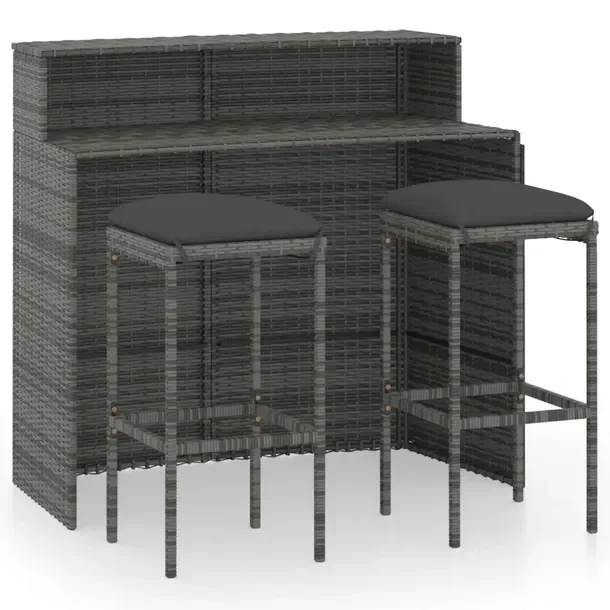 Zestaw mebli barowych szary rattan PE z antracytowymi poduszkami 120x55x110