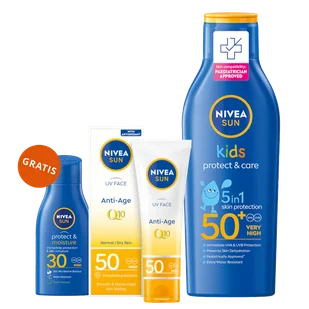 Zestaw Nivea Sun Kids Protect & Care, balsam do opalania dla dzieci 5w1, SPF 50+, 200 ml + przeciwstarzeniowy krem z SPF 50, 50 ml + balsam do opalania, SPF 30, 30 ml gratis - Kremy dla dzieci - miniaturka - grafika 1