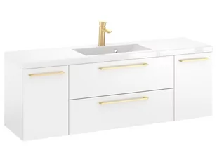 Szafka Wisząca Z Umywalką RON 140 cm D - Biały Mat - Uchwyty Złote Szczotkowane - Szafki łazienkowe - miniaturka - grafika 1