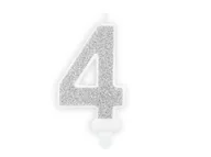 Urodziny dla dorosłych - PartyDeco Świeczka na tort "Cyfra 4", srebrna brokatowa, 7 cm SCU3-4-018B - miniaturka - grafika 1