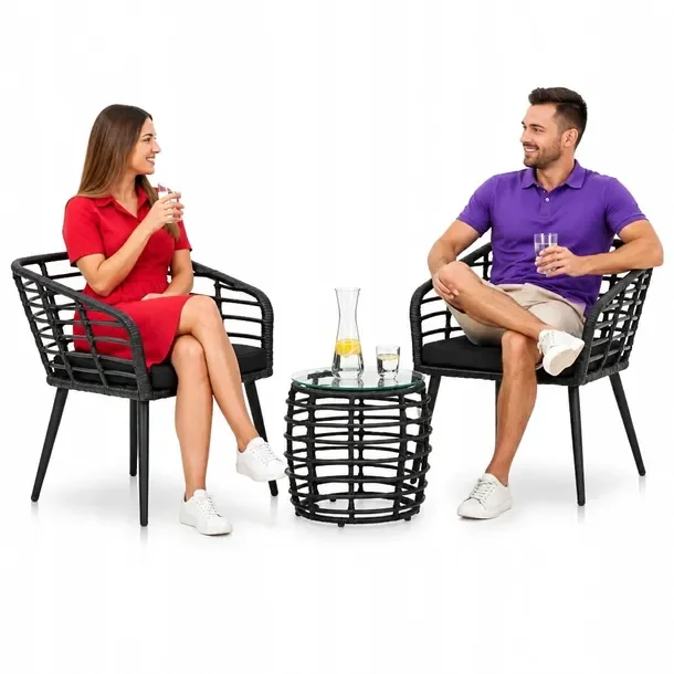 Zestaw mebli bistro z polirattanu czarny, stół 41,5 cm, krzesła 63,5 x 5