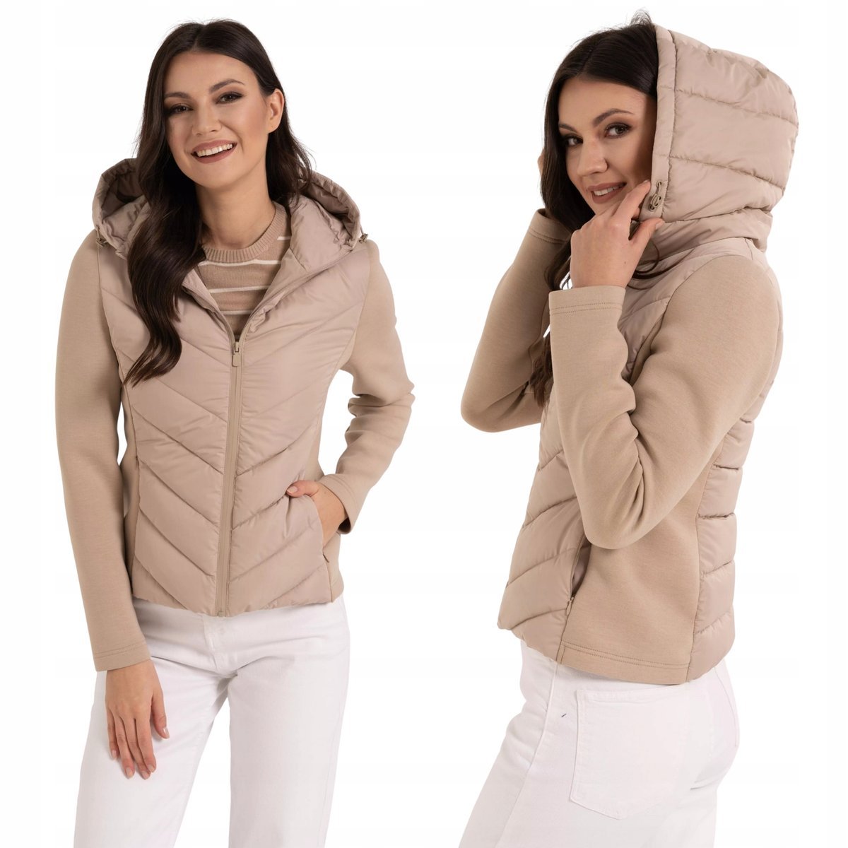 ELEGANCKA KURTKA DAMSKA PRZEJŚCIOWA Z KAPTUREM CIEPŁA PIKOWANA MORAJ 3XL BEIGE