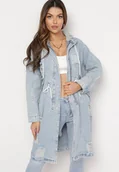 Kurtki damskie - Jasnoniebieska Bawełniana Kurtka Jeansowa o Wydłużonym Fasonie z Troczkiem w Pasie i Przetarciami Elenai - miniaturka - grafika 1