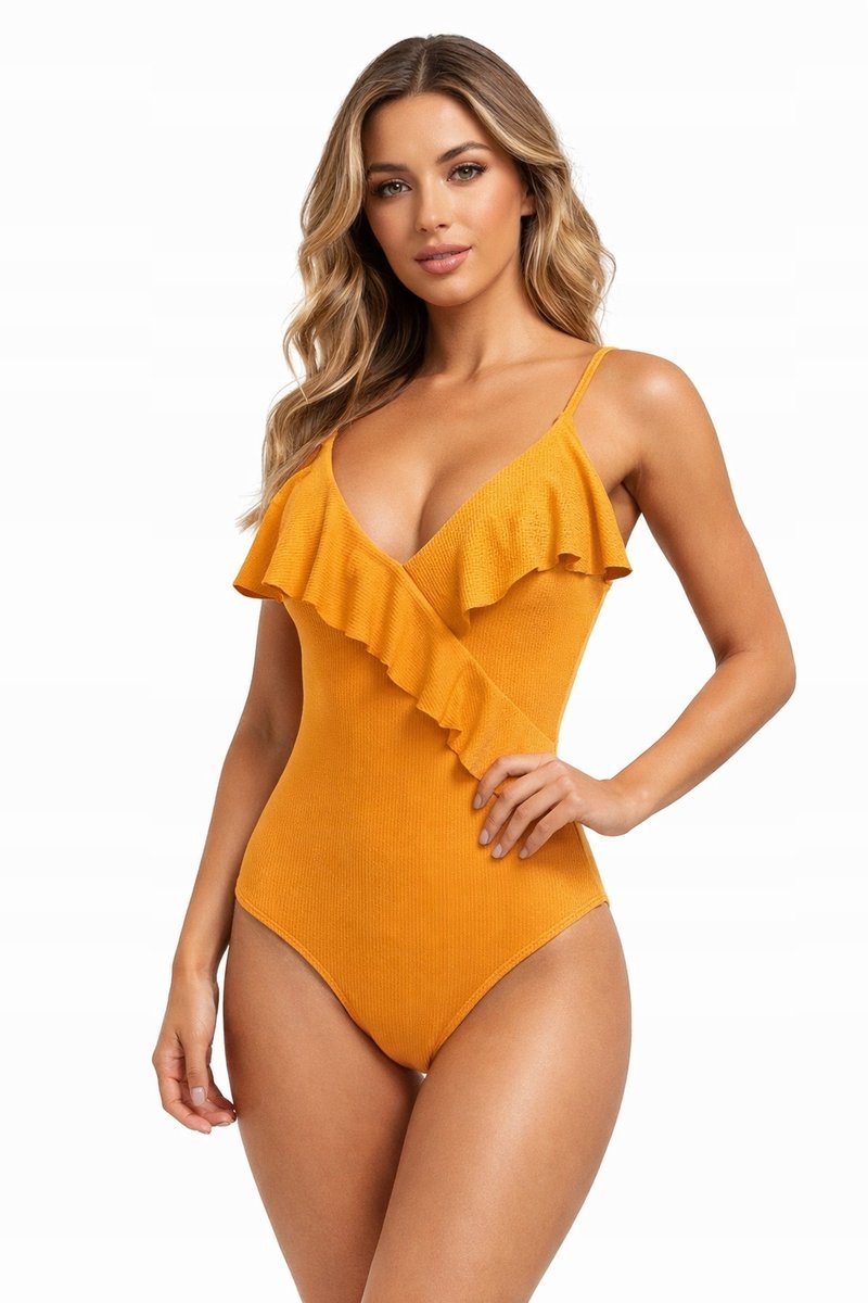 STRÓJ KĄPIELOWY DAMSKI JEDNOCZĘŚCIOWY FALBANKA ŻÓŁTY PRĄŻKOWANY MODNY