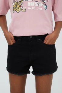 Superdry Superdry szorty jeansowe damskie kolor czarny gładkie high waist - Spodenki damskie - miniaturka - grafika 1