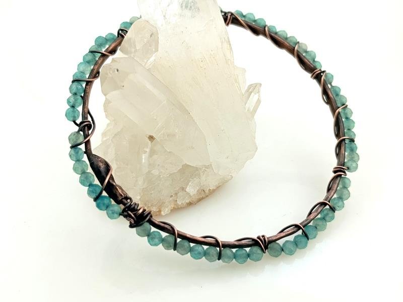 Amazonit - bransoletka miedziana, średnica 6.1 cm, obwód 19.5 cm, waga 10 gram, rękodzieło