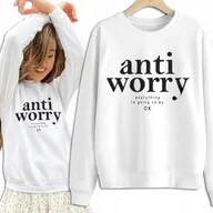 Bluzy damskie - Bluza Damska Biała Dresowa ANTI WORRY Kobiece Dziewczęce Piękne Wzory - S - miniaturka - grafika 1