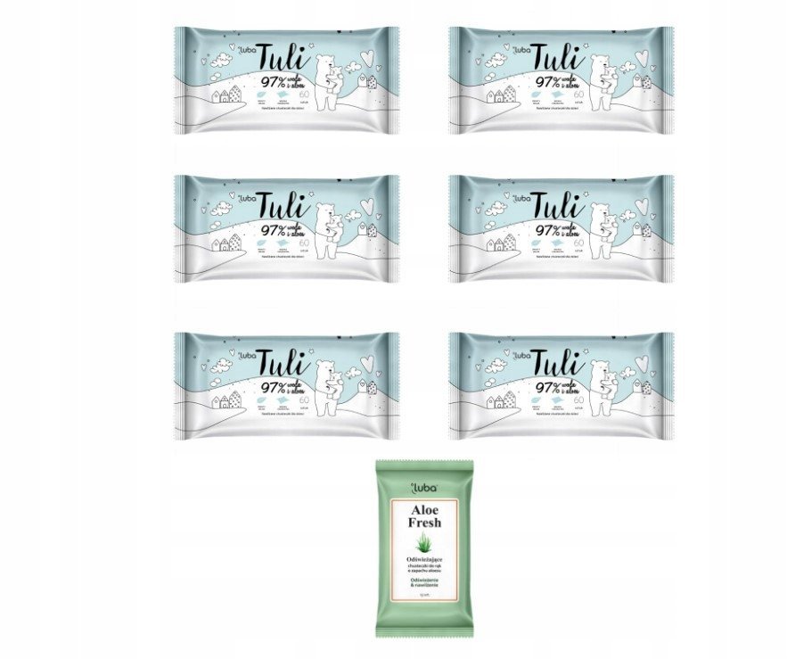 Chusteczki z wodą aloesową dla dzieci miękkie, delikatne 6 x 60 szt + dodatek