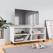 Szafki RTV - vidaXL Szafka pod TV z kółkami, biała, 90x35x35 cm, płyta wiórowa - miniaturka - grafika 1