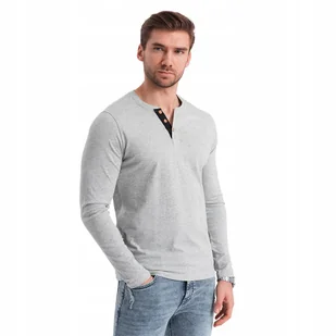 Koszulka męska Longsleeve bawełna guziki szary melanż V8 OM-LSCL-0107 r M - Koszulki męskie - miniaturka - grafika 1