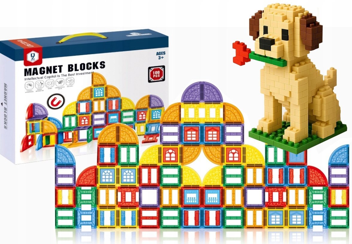 KLOCKI MAGNETYCZNE 100el KONSTRUKCYJNE EDUKACYJNE 3D UKŁADANKA 152A +GRATIS
