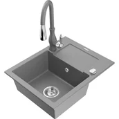 Zlewozmywaki z baterią - Mexen Enzo zlewozmywak granitowy 1-komorowy z ociekaczem i baterią kuchenną Savita, szary - miniaturka - grafika 1