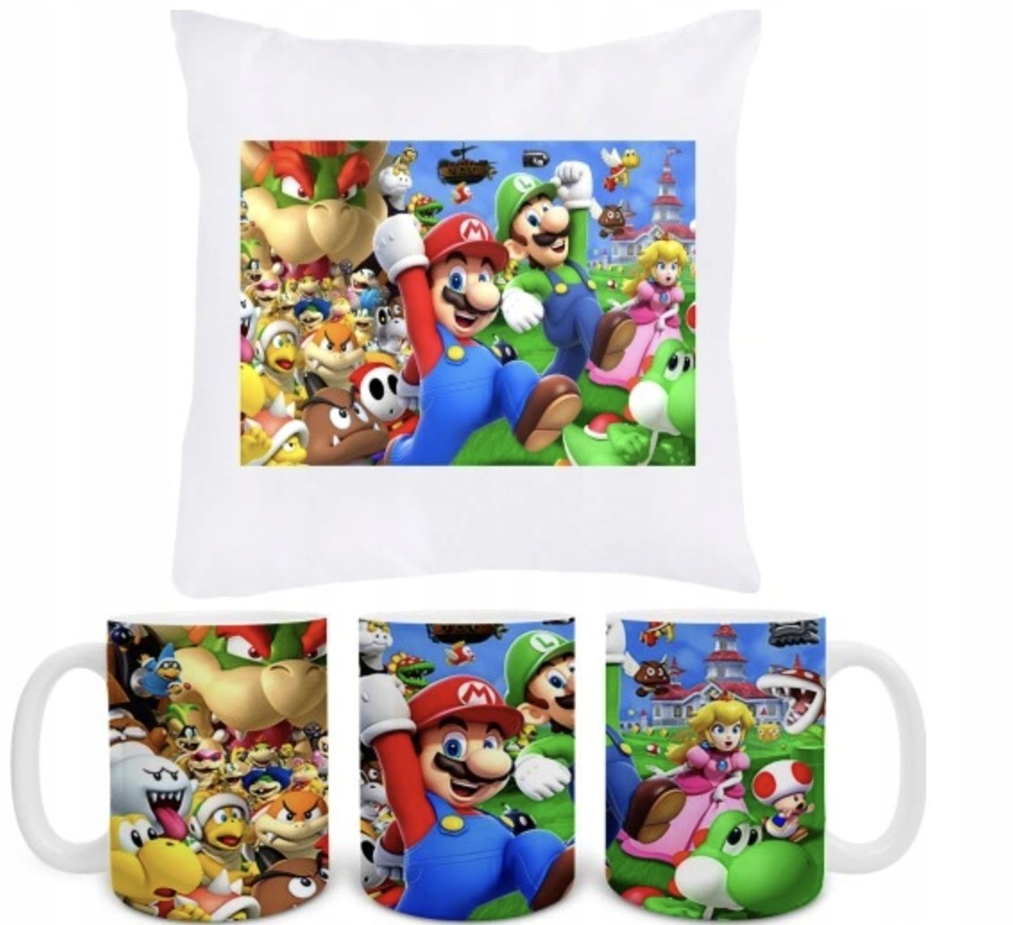 ZESTAW PODUSZKA + KUBEK Prezent SUPER MARIO LUIGI BROS +IMIĘ