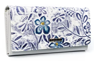 Duży poziomy szaro - fioletowy portfel damski z modnym kwiatowym wzorem 4U CAVALDI skóra natralna i ekologiczna rozbudowany na karty i gotówkę bilon.. - Portfele - miniaturka - grafika 1