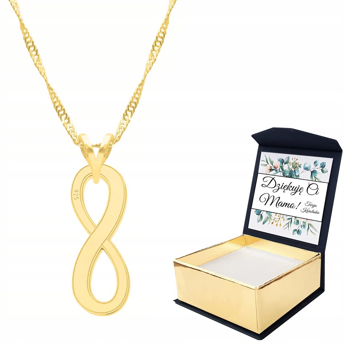 Naszyjnik złoty nieskończoność 925 + WŁASNY NADRUK