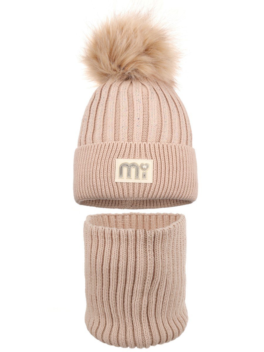Dziewczęcy komplet zimowy czapka i komin beżowy Ambra r.48/50