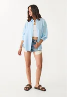 Koszule damskie - Stradivarius Zwiewna koszula z lnem Niebieski denim XS - miniaturka - grafika 1