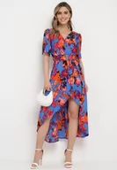 Sukienki - Niebiesko-Pomarańczowa Sukienka z Kopertowym Dekoltem i Asymetrycznym Dołem z Gumką w Talii Coralen - miniaturka - grafika 1