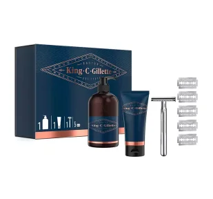 GILLETTE KING C GILLETTE ZESTAW MASZYNKA DOUBLE EDGE + ŻEL DO MYCIA TWARZY I GOLENIA + 5 OSTRZY - Zestawy kosmetyków męskich - miniaturka - grafika 1
