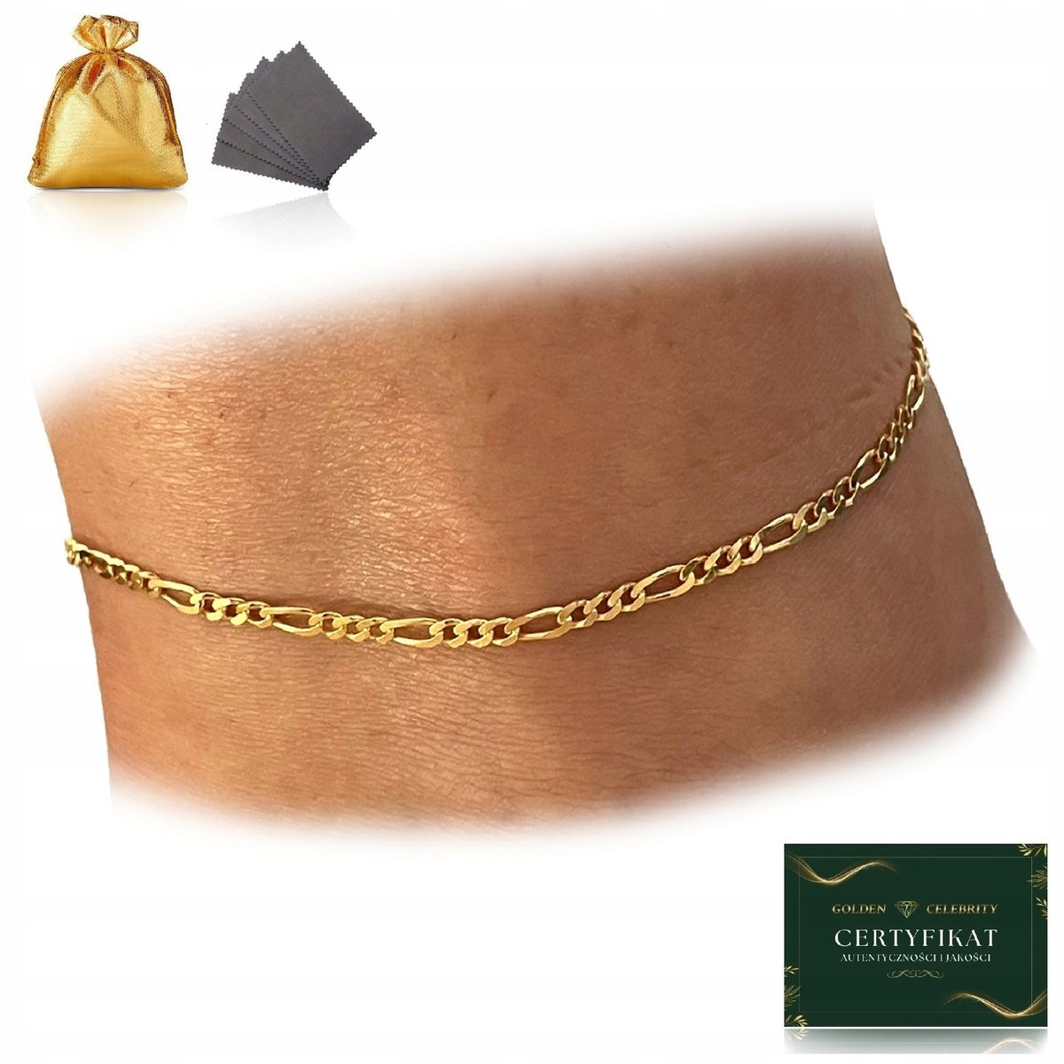 ZŁOTA BRANSOLETKA NA NOGĘ, KOSTKĘ FIGARO SREBRO 925 POZŁACANA, Z REGULACJĄ