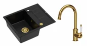Zlewozmywaki z baterią - Quadron Unique Zlewozmywak granitowy jednokomorowy 62*50*22 cm z ociekaczem MORGAN 116 PURE CARBON z syfonem Push-2-Open w kolorze złotym z baterią RACHEL kolor złoty - miniaturka - grafika 1