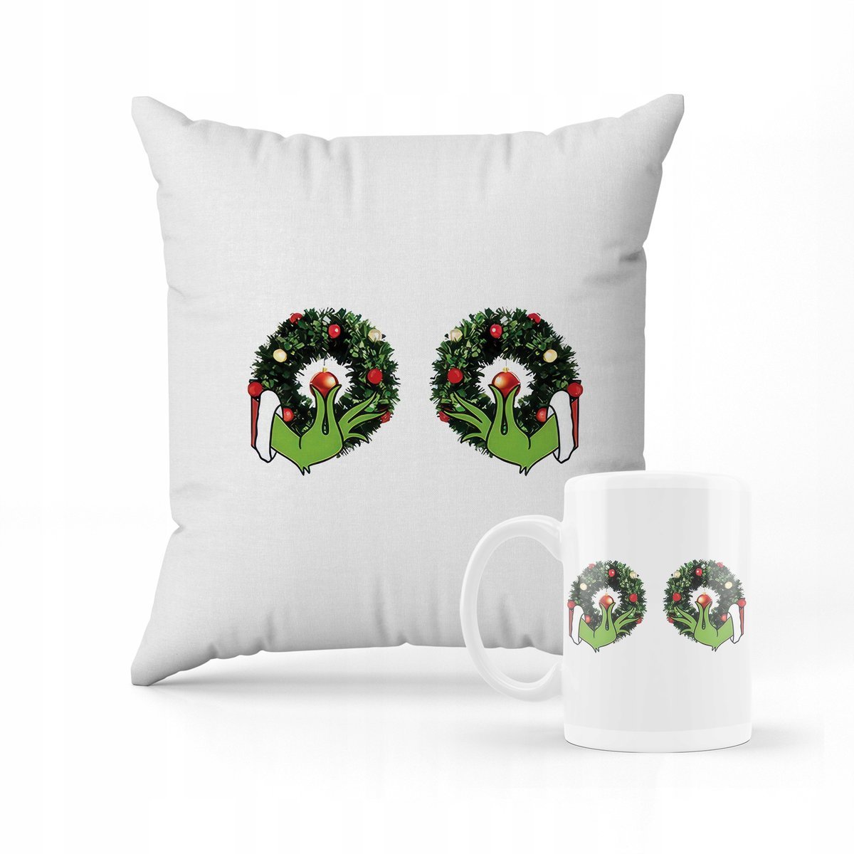 ZESTAW PODUSZKA + kubek Grinch śmieszny wzór + IMIĘ 5