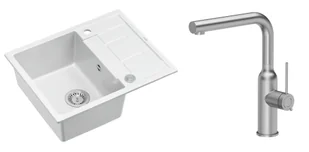Quadron Unique Zlewozmywak granitowy jednokomorowy 62*50*22 cm z ociekaczem MORGAN 116 SNOW WHITE z syfonem Push-2-Open w kolorze stalowym z baterią ANGELINA Q LINE z wyciąganą wylewką kolor stal szczotkowana - Zlewozmywaki z baterią - miniaturka - grafika 1