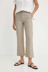Sisley spodnie lniane kolor beżowy proste high waist - Spodnie damskie - miniaturka - grafika 1