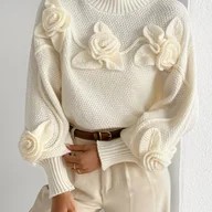 Swetry damskie - TEMU Elegancki damski sweter z wysokim dekoltem i kwiatowym wzorem 3D - Miﾄ冖ki, ciepﾅＺ sweter z dﾅＶgim rﾄ冖awem i aplikacjﾄ� kwiatowﾄ�, jednolity - miniaturka - grafika 1