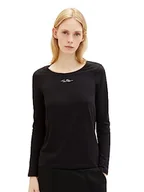 Koszulki i topy damskie - TOM TAILOR Damska koszulka z długim rękawem z napisem Basic, 14482-Deep Black, L - miniaturka - grafika 1