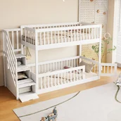 Łóżka dla dzieci i młodzieży - Łóżko piętrowe 90x200cm - ze schodkami zabezpieczającymi - z 3 szufladami - białe (materac nie jest wliczony w cenę) - miniaturka - grafika 1