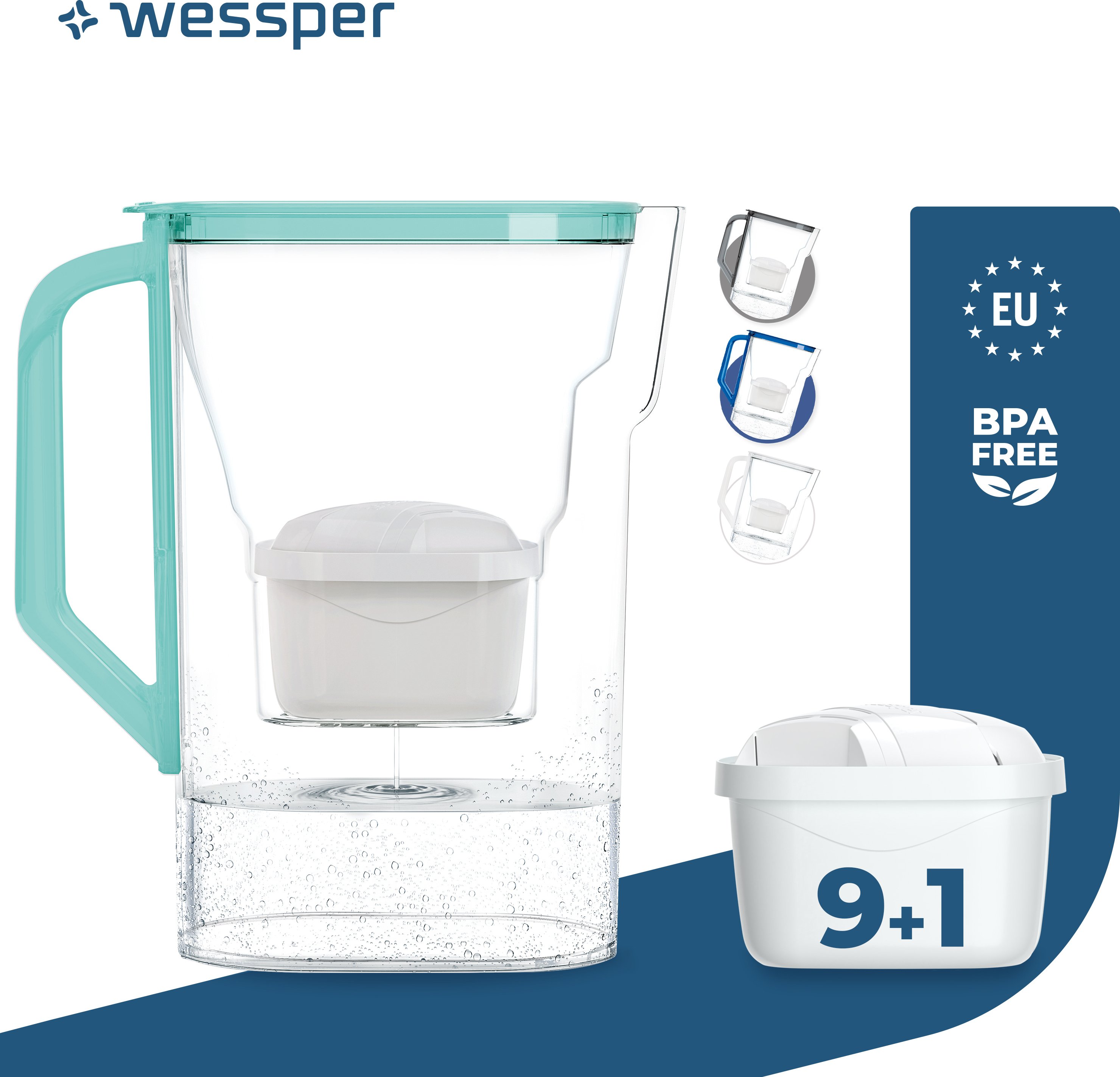 Dzbanek filtrujący wodę Wessper 2,7 l na drzwi lodówki, z filtrem z węglem aktywnym, kompatybilny z wkładem filtrującym Brita Maxtra 10x - miętowy