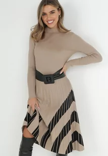 Beżowa Sukienka z Wiskozy z Plisowanym Dołem Zila - Sukienki - miniaturka - grafika 1