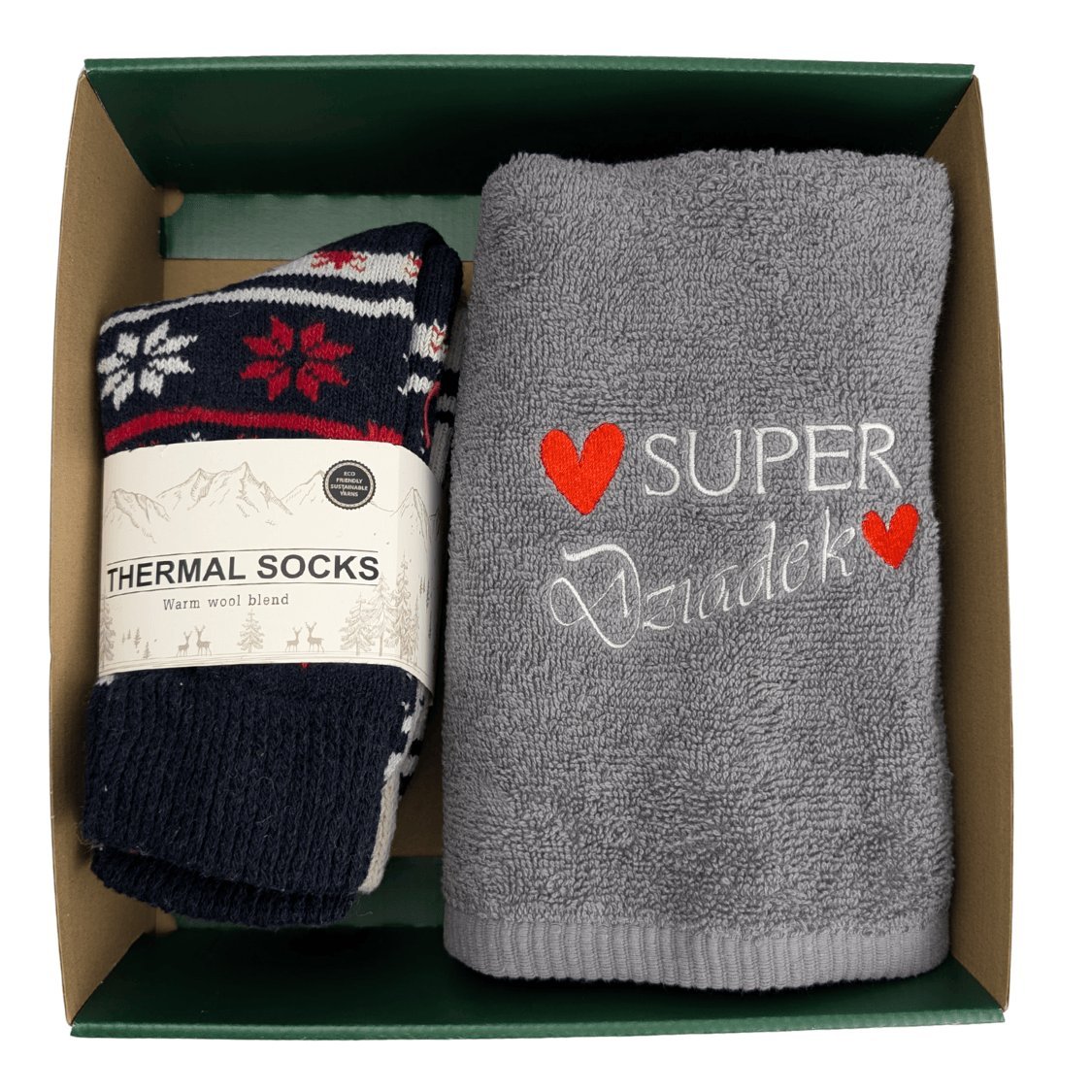 Pomysł na prezent dla dziadka Skarpety termiczne z wełną 43/46 + ręcznik z haftem SUPER Dziadek