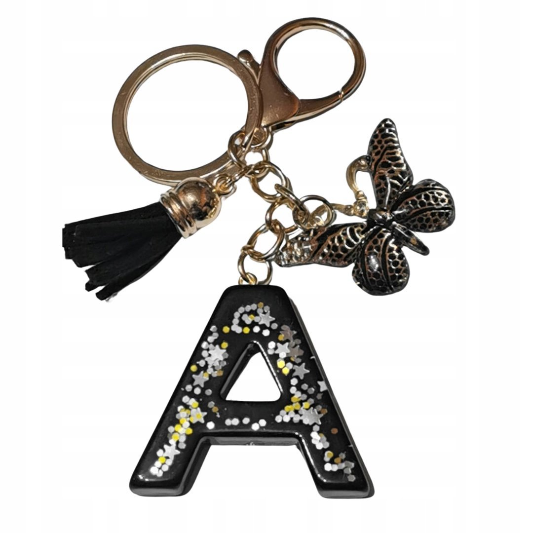 Brelok z literą A - elegancki czarny design z motylem