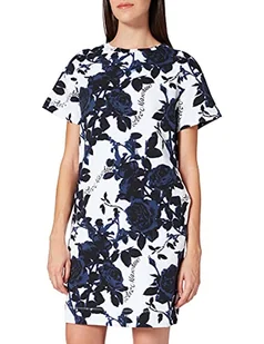 Love Moschino Damska koszulka z szerokimi krótkimi kroplami rękawów. Rozciągliwa bawełna polar nadruk z różami i logo. Sukienka na co dzień, F.bco/Rosa Blu, 38 - Koszulki i topy damskie - miniaturka - grafika 1