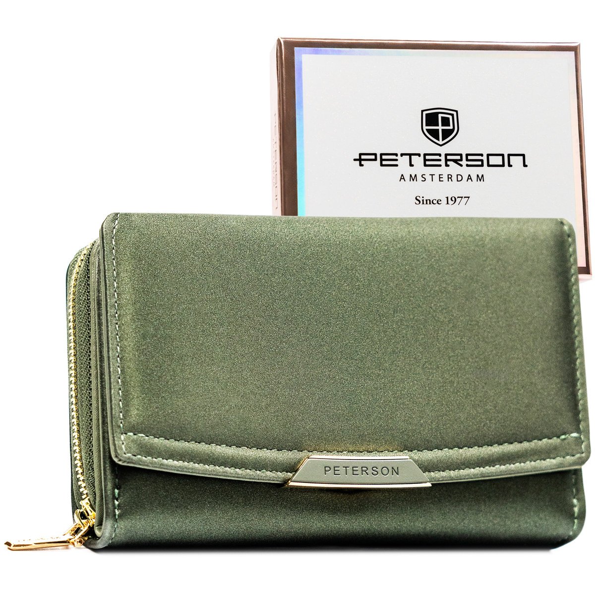 Portfel damski z ochroną RFID PETERSON mały na karty gotówkę zatrzask i suwak modny na prezent zielony