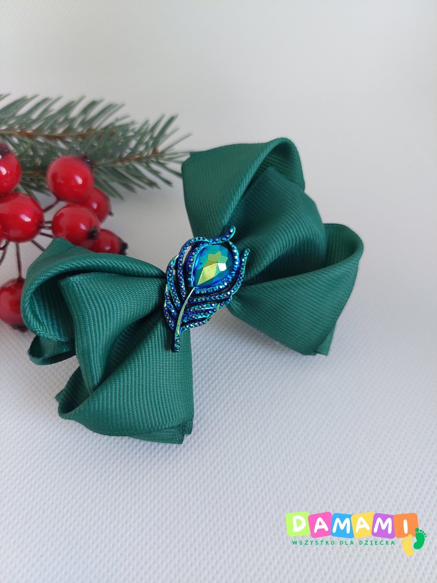 Kokardka do włosów butelkowa zieleń z pawim piórem spinka krokodylek handmade elegancka ozdoba świąteczna