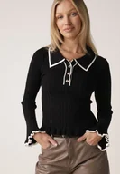 Swetry damskie - Czarny Sweter z Wiskozą w Stylu Retro z Kołnierzykiem i Guzikami Sarrise - miniaturka - grafika 1