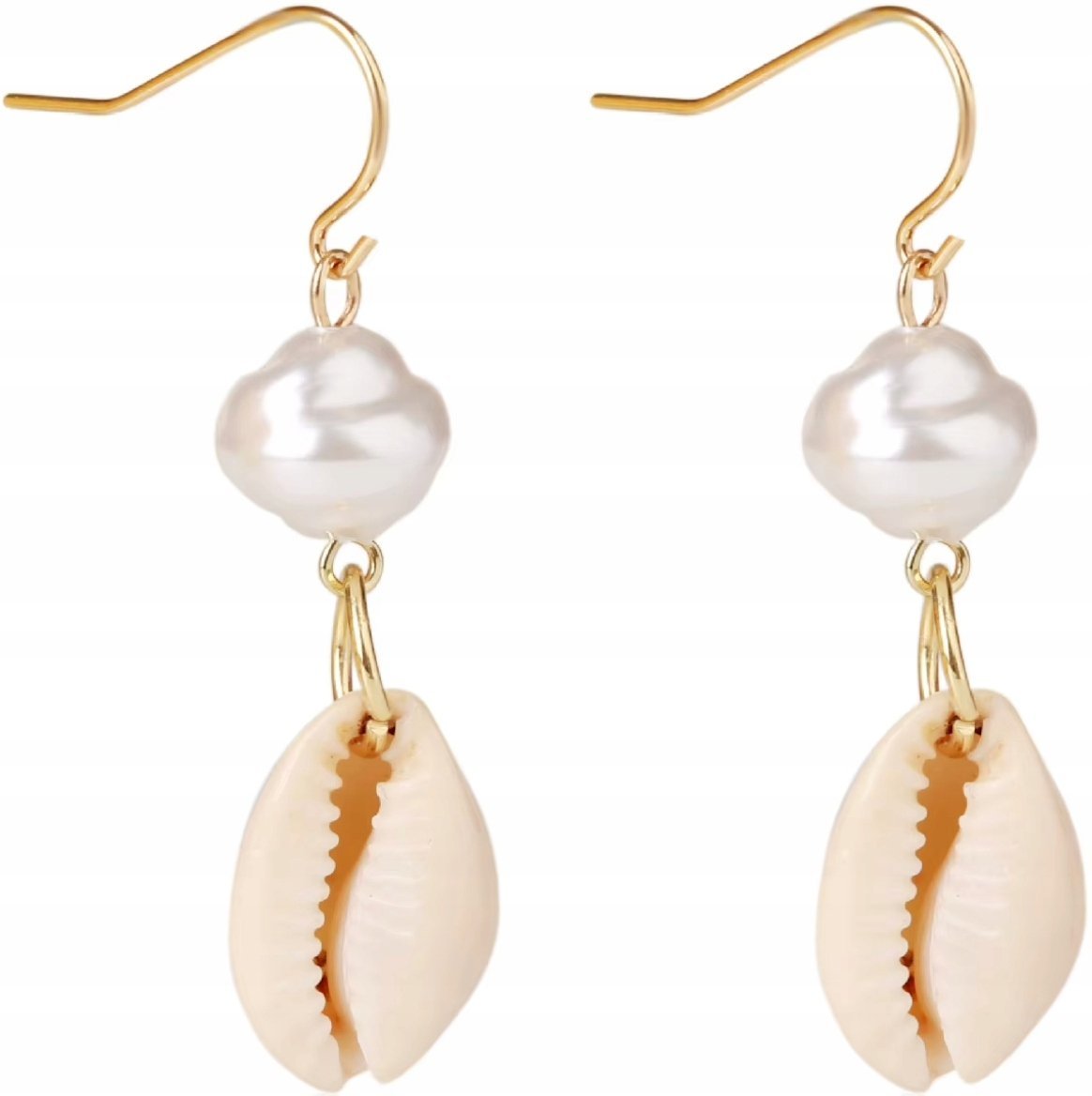 Kolczyki z Muszelką i Perłą Morskie Złote Muszla Perła Stylowe Eleganckie