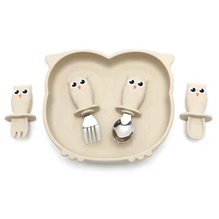 Zestaw Sowa Talerzyk Silikonowy Plus 2 Zestawy Sztućców [Kolor Beżowy] - Zestawy naczyń dla dzieci - miniaturka - grafika 1