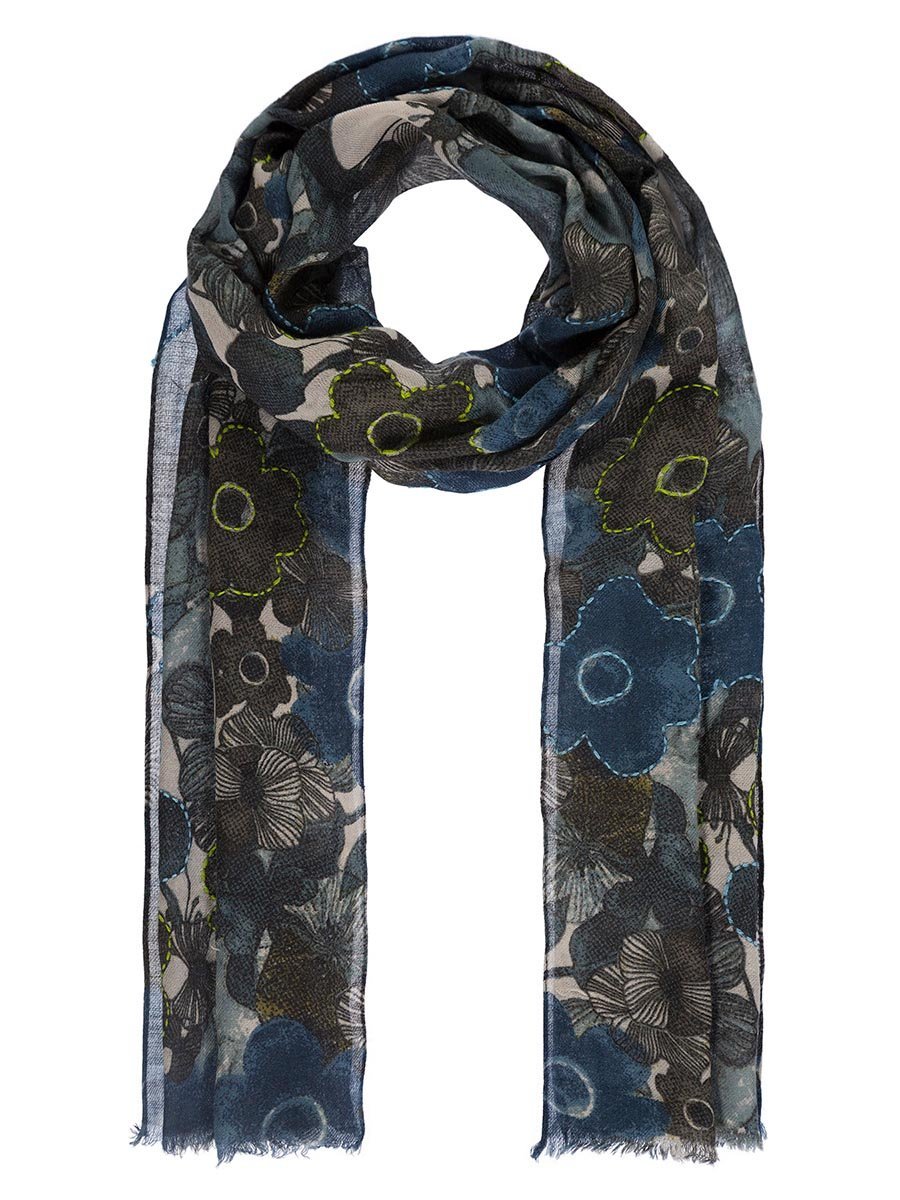 Szalik z kwiatowym wzorem i haftem niebieski Passigatti