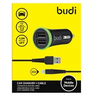 Ładowarki samochodowe - BUDI Ładowarka samochodowa BUDI 2x USB z kablem Lightning w zestawie czarna BD061L - miniaturka - grafika 1